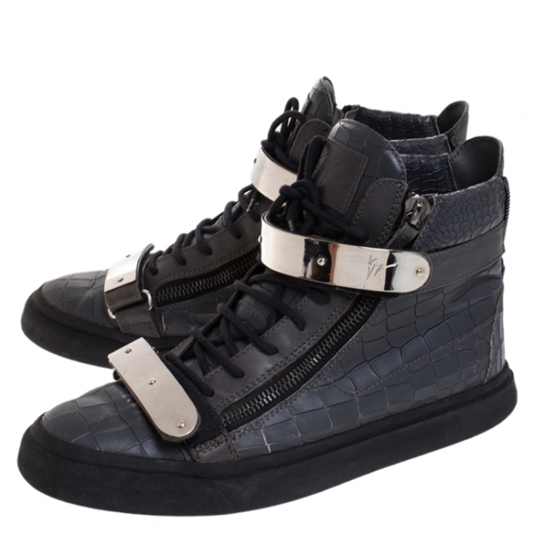Pre Owned Giuseppe Zanotti Grey Croc Embossed Leather High Top Lace Up Sneakers Size 44