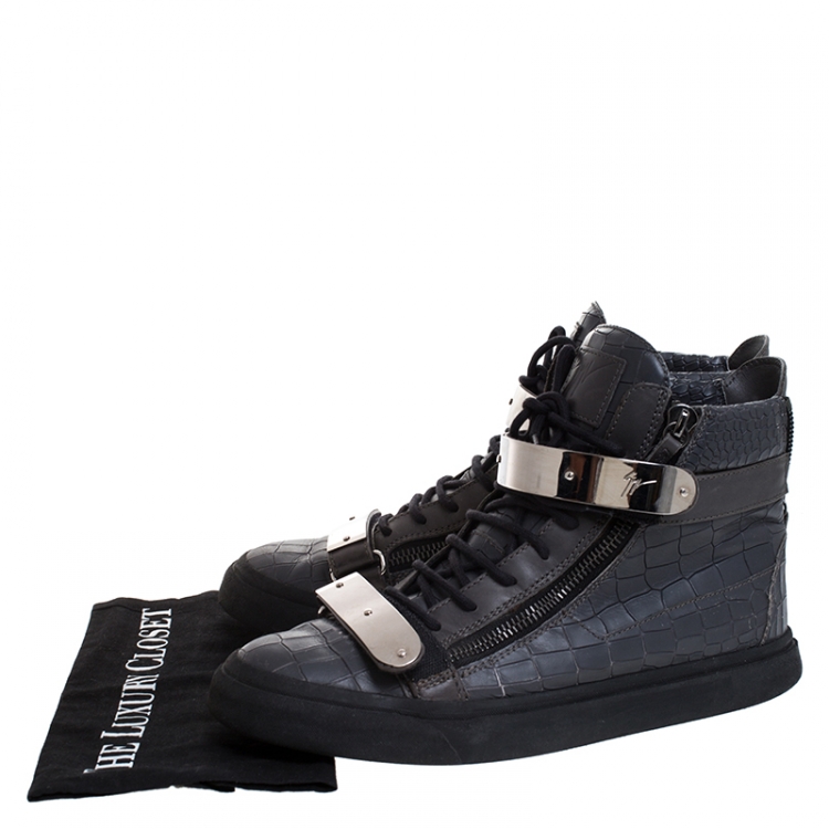 Pre Owned Giuseppe Zanotti Grey Croc Embossed Leather High Top Lace Up Sneakers Size 44