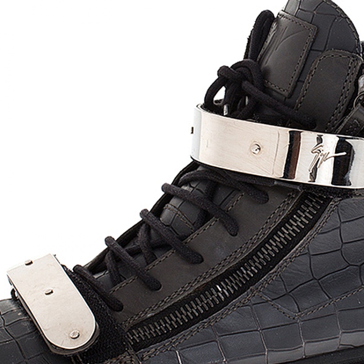 Pre Owned Giuseppe Zanotti Grey Croc Embossed Leather High Top Lace Up Sneakers Size 44