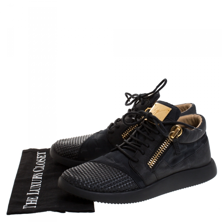 Pre Owned Giuseppe Zanotti Black Camo Nylon And Nubuck Mid Top Sneakers Size 42