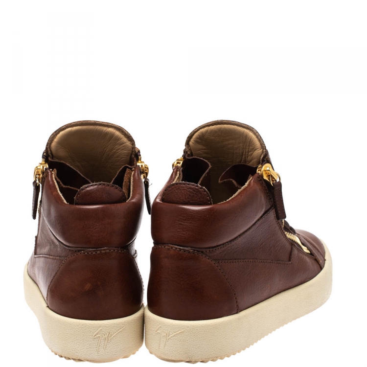 Pre Owned Giuseppe Zanotti Brown Leather Double Chain High Top Sneakers Size 42