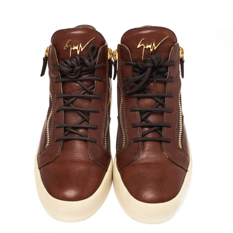 Pre Owned Giuseppe Zanotti Brown Leather Double Chain High Top Sneakers Size 42