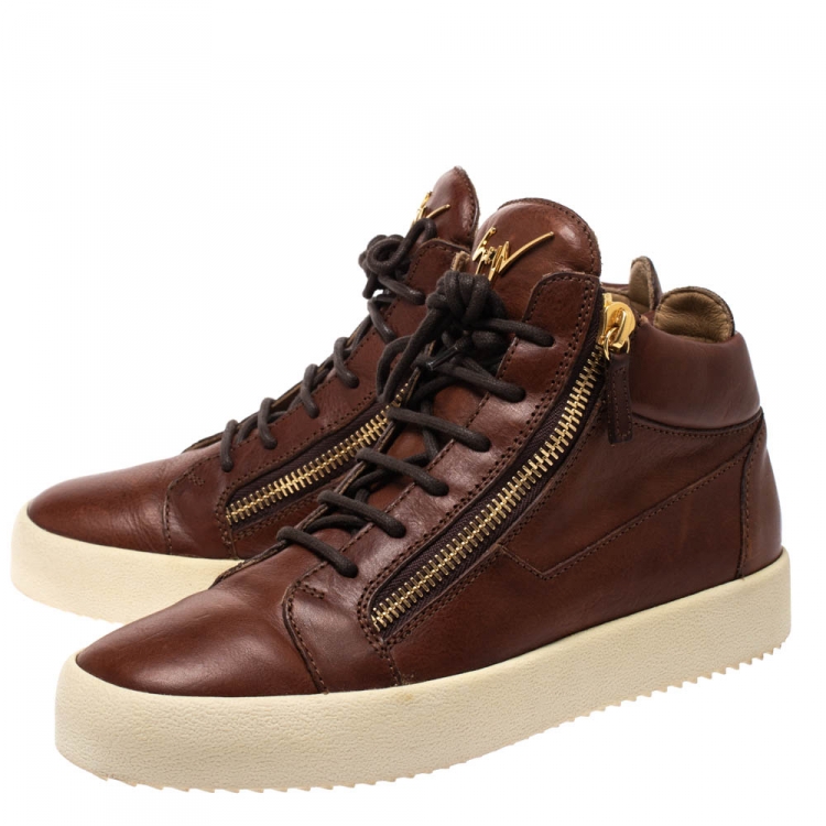 Pre Owned Giuseppe Zanotti Brown Leather Double Chain High Top Sneakers Size 42