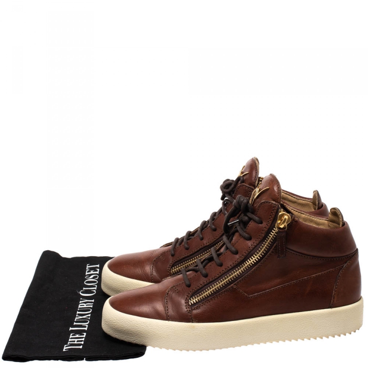 Pre Owned Giuseppe Zanotti Brown Leather Double Chain High Top Sneakers Size 42