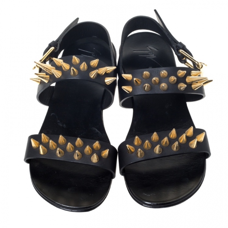 Pre Owned Giuseppe Zanotti Black Leather Zak Spike Flat Sandals Size 41