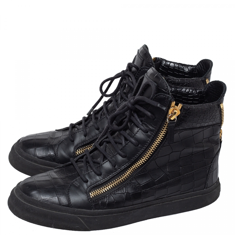 Pre Owned Giuseppe Zanotti Black Croc Embossed Leather Double Zip High Top Sneakers Size 41
