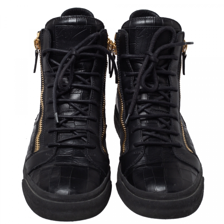 Pre Owned Giuseppe Zanotti Black Croc Embossed Leather Double Zip High Top Sneakers Size 41