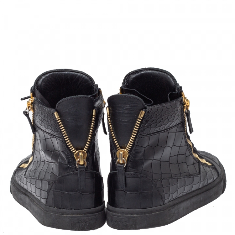 Pre Owned Giuseppe Zanotti Black Croc Embossed Leather Double Zip High Top Sneakers Size 41