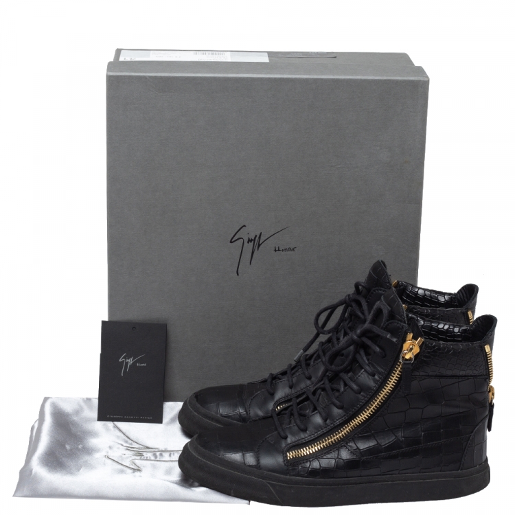 Pre Owned Giuseppe Zanotti Black Croc Embossed Leather Double Zip High Top Sneakers Size 41