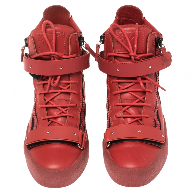 Pre Owned Giuseppe Zanotti Red Leather Lorenz High Top Sneakers Size 43