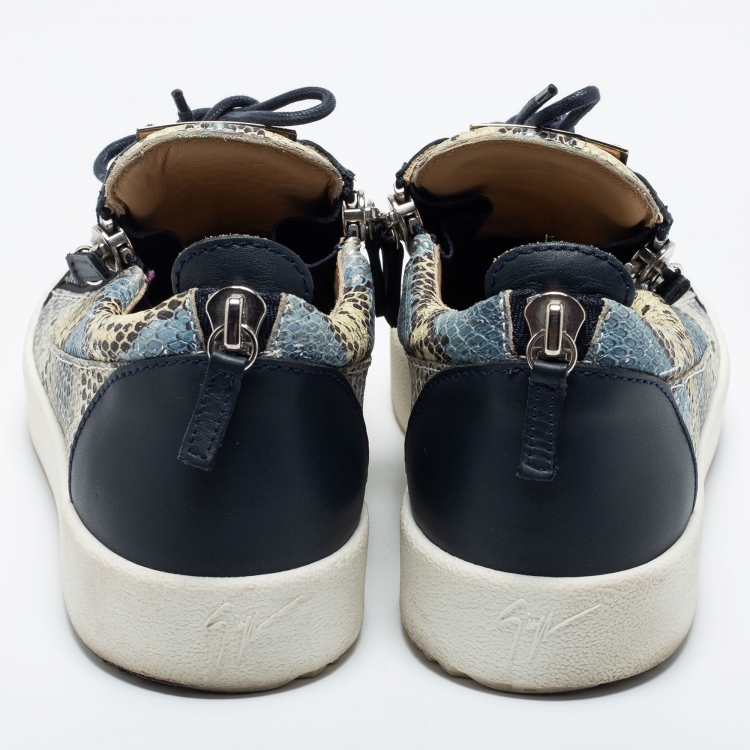 Pre Owned Giuseppe Zanotti Multicolor Python Embossed  Leather Double Zip Low Top Sneakers  Size 43.5