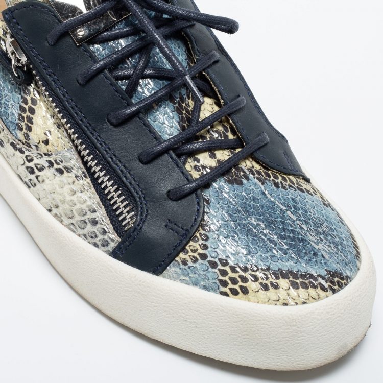 Pre Owned Giuseppe Zanotti Multicolor Python Embossed  Leather Double Zip Low Top Sneakers  Size 43.5