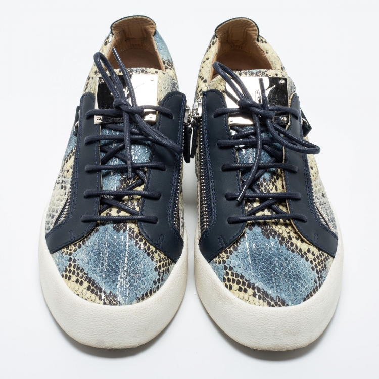 Pre Owned Giuseppe Zanotti Multicolor Python Embossed  Leather Double Zip Low Top Sneakers  Size 43.5