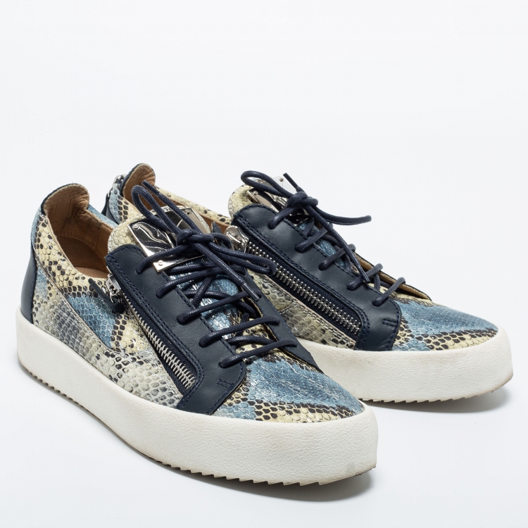 Pre Owned Giuseppe Zanotti Multicolor Python Embossed  Leather Double Zip Low Top Sneakers  Size 43.5