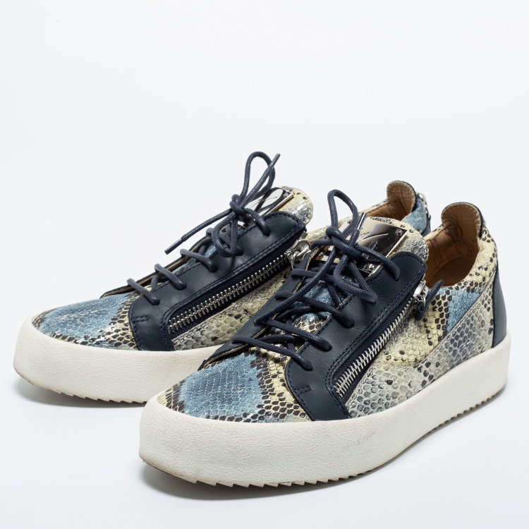 Pre Owned Giuseppe Zanotti Multicolor Python Embossed  Leather Double Zip Low Top Sneakers  Size 43.5