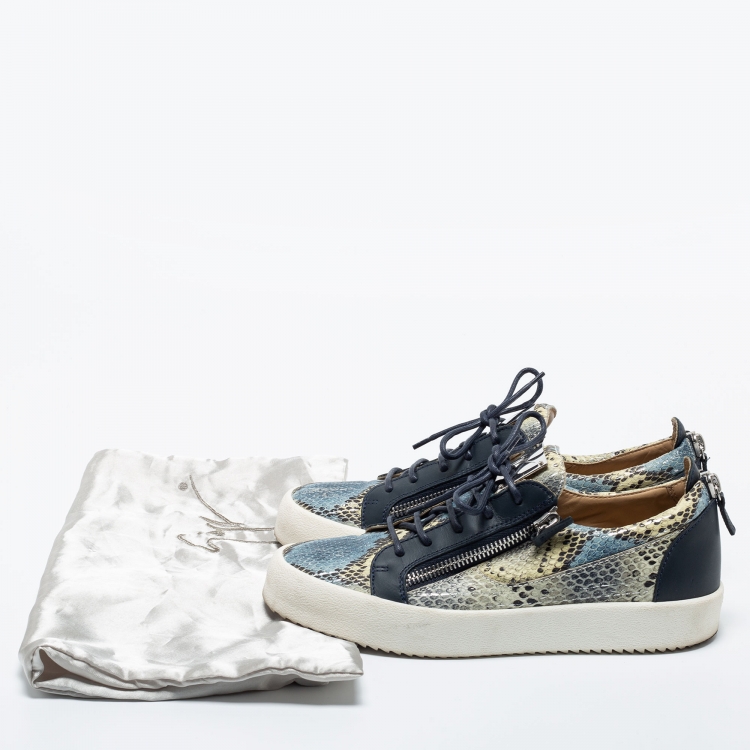 Pre Owned Giuseppe Zanotti Multicolor Python Embossed  Leather Double Zip Low Top Sneakers  Size 43.5
