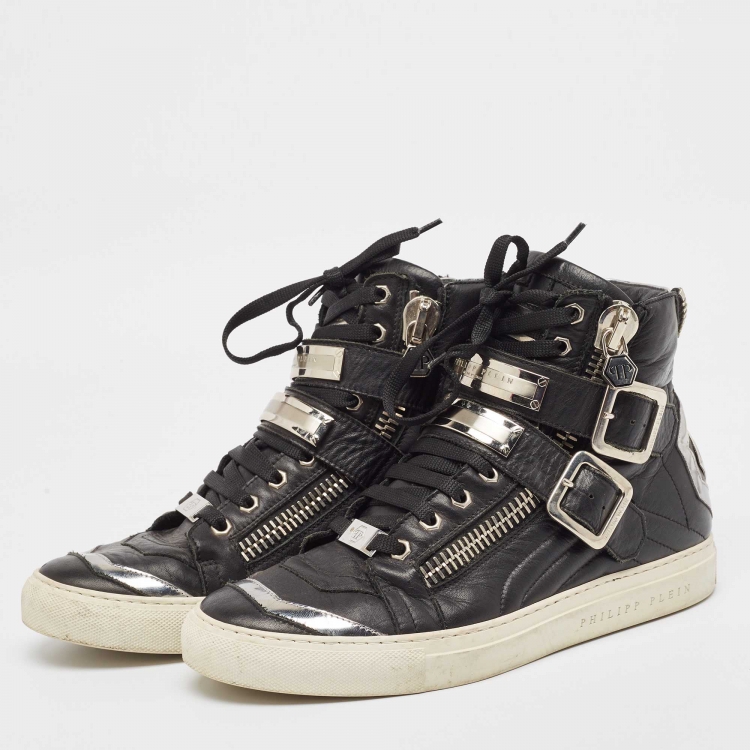 Pre Owned Giuseppe Zanotti Black/Silver Leather Kriss High Top Sneakers Size 40