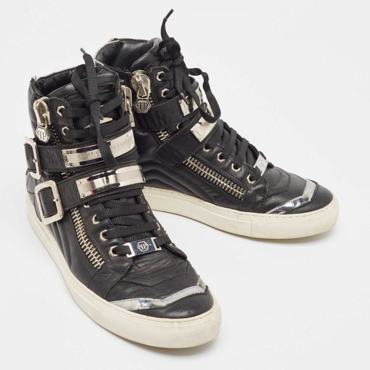 Pre Owned Giuseppe Zanotti Black/Silver Leather Kriss High Top Sneakers Size 40