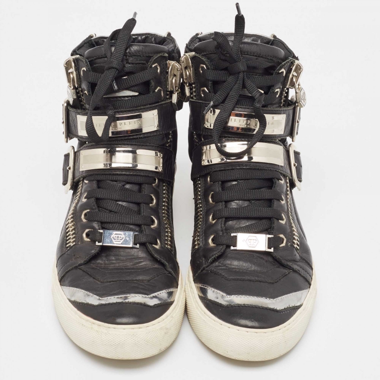 Pre Owned Giuseppe Zanotti Black/Silver Leather Kriss High Top Sneakers Size 40