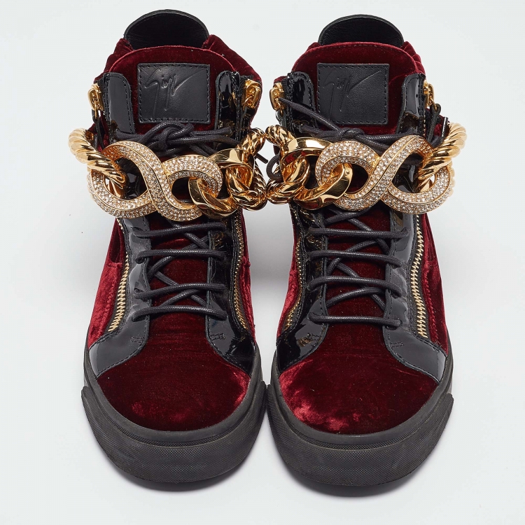Pre Owned Giuseppe Zanotti Burgundy/Black Patent and  Velvet Coby High Top Sneakers Size 42.5