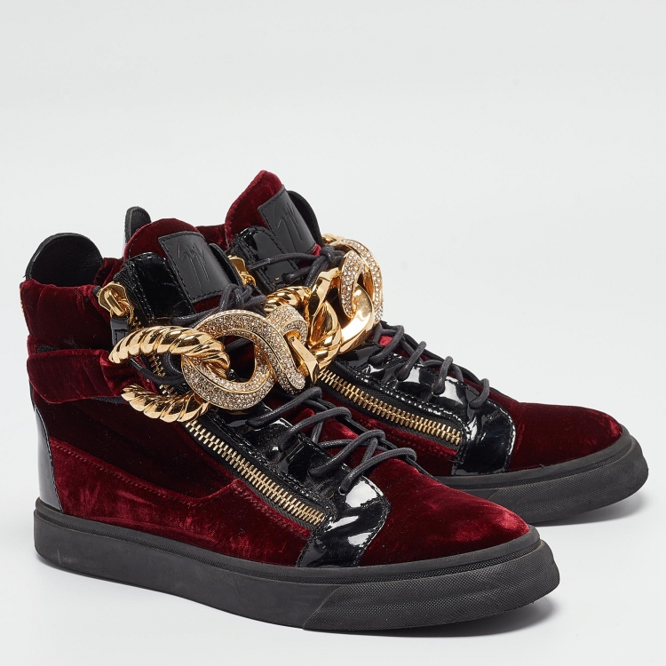 Pre Owned Giuseppe Zanotti Burgundy/Black Patent and  Velvet Coby High Top Sneakers Size 42.5