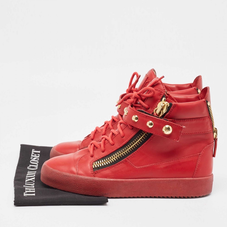 Pre Owned Giuseppe Zanotti Red Leather Studded Double Zip High Top Sneakers Size 42