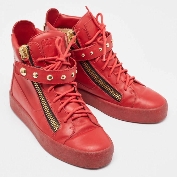 Pre Owned Giuseppe Zanotti Red Leather Studded Double Zip High Top Sneakers Size 42