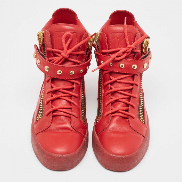 Pre Owned Giuseppe Zanotti Red Leather Studded Double Zip High Top Sneakers Size 42