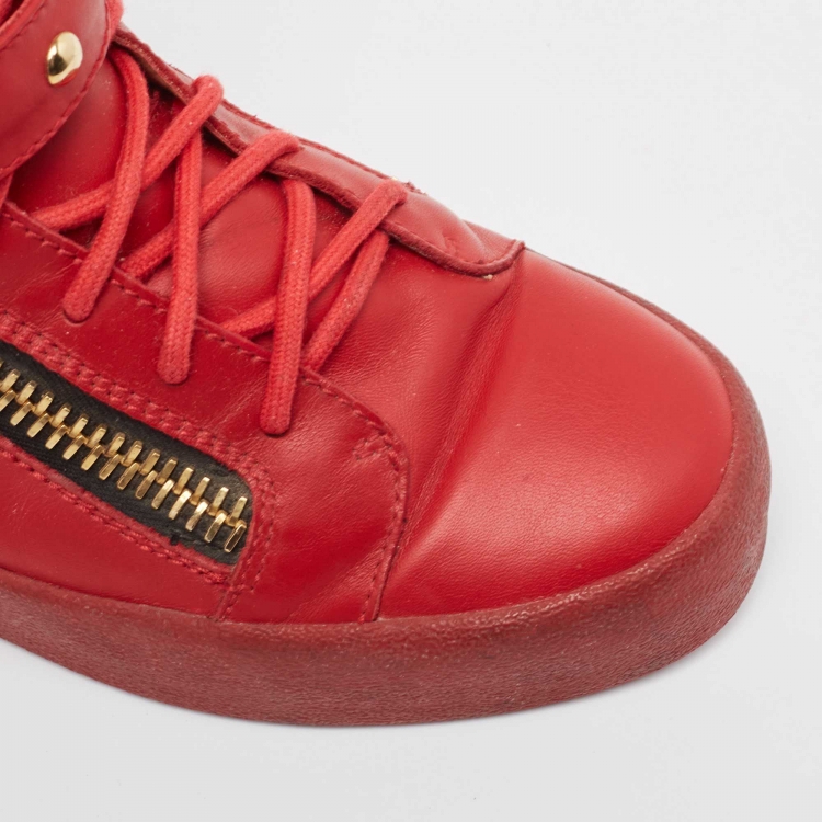 Pre Owned Giuseppe Zanotti Red Leather Studded Double Zip High Top Sneakers Size 42