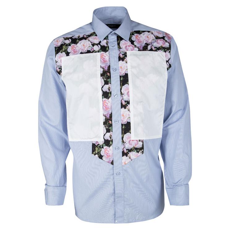 Givenchy Blue Cotton Contrast Floral Printed Panel Detail Long Sleeve Shirt  XL Givenchy | TLC