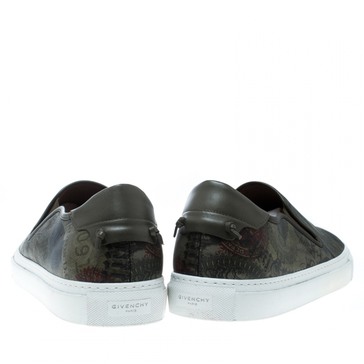 Pre Owned Givenchy Olive Green Printed Leather Street Skate Slip On Sneakers Size 45