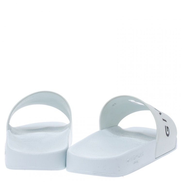 Pre Owned Givenchy White Rubber Logo Flat Slides Size 41