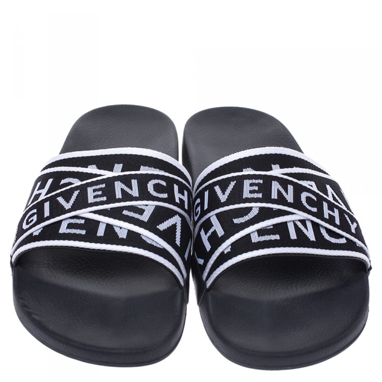 Pre Owned Givenchy Black Leather Webbing Logo Flat Slide Sandals Size 41