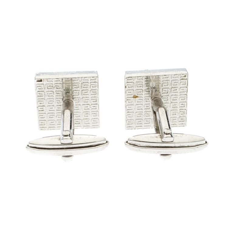 Pre Owned Givenchy Orange Glitter Enamel Silver Tone Square Cufflinks