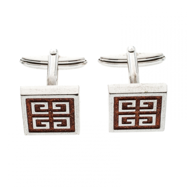 Pre Owned Givenchy Orange Glitter Enamel Silver Tone Square Cufflinks