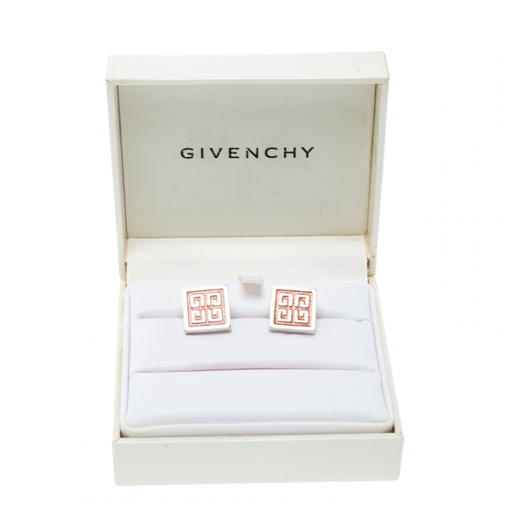 Pre Owned Givenchy Orange Glitter Enamel Silver Tone Square Cufflinks