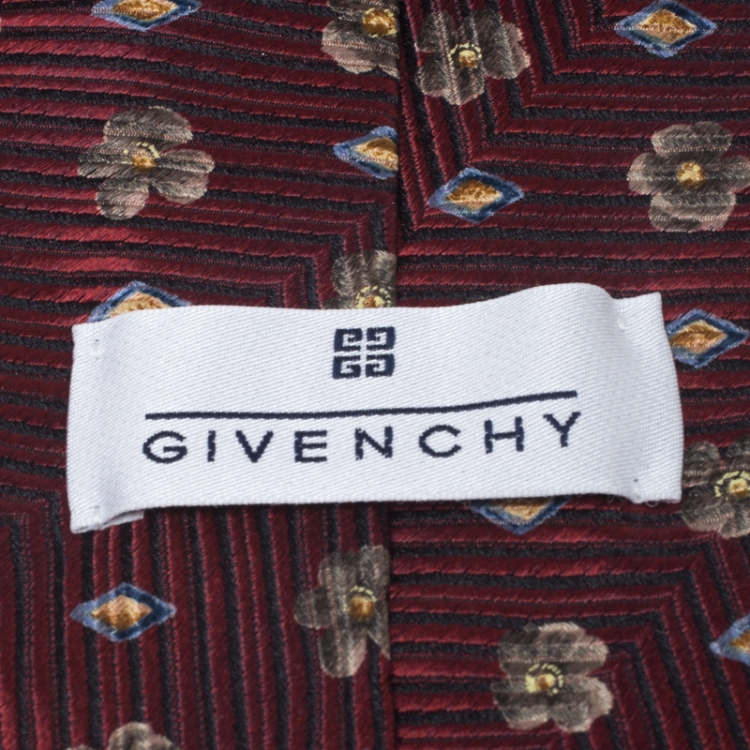 Pre Owned Givenchy Vinatge Dark Red Jacquard and Floral Print Silk Tie