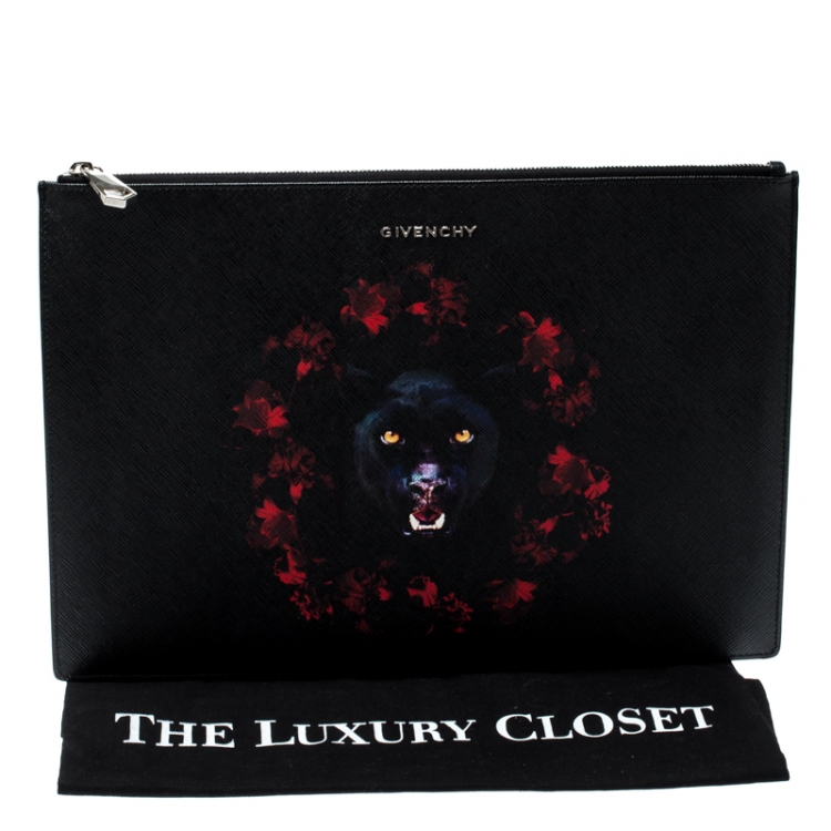 Pre Owned Givenchy Black Jaguar Printed Leather Zip Pouch