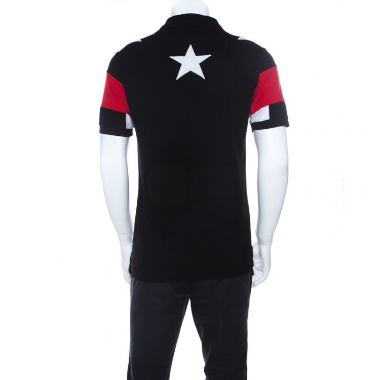Pre Owned Givenchy Black Pique Knit Star Appliqué Detail Contrast Short Sleeve Polo T Shirt M