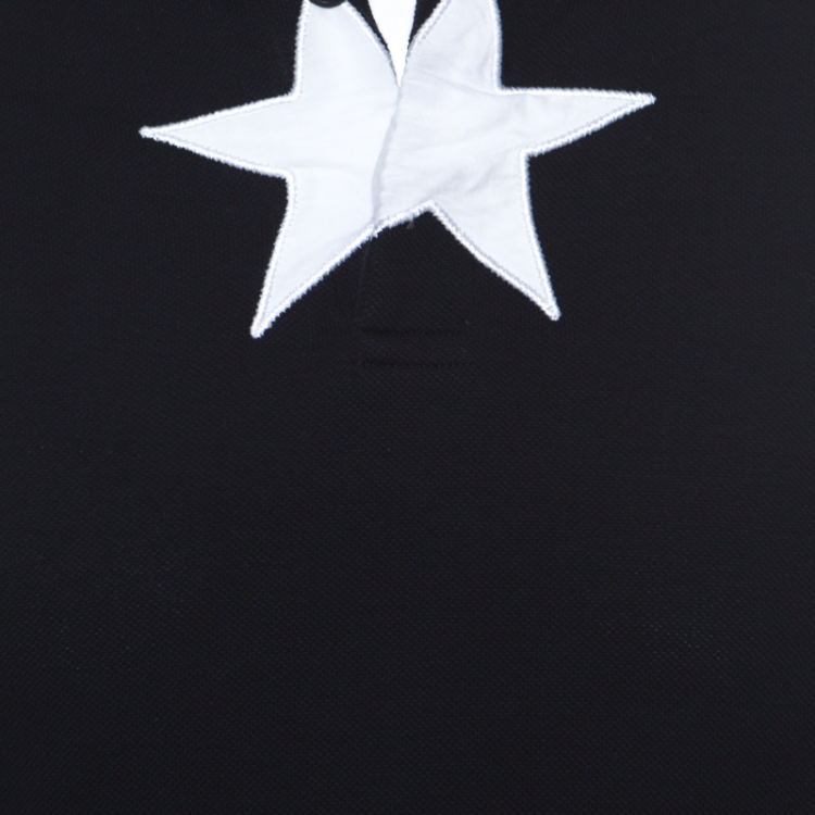 Pre Owned Givenchy Black Pique Knit Star Appliqué Detail Contrast Short Sleeve Polo T Shirt M