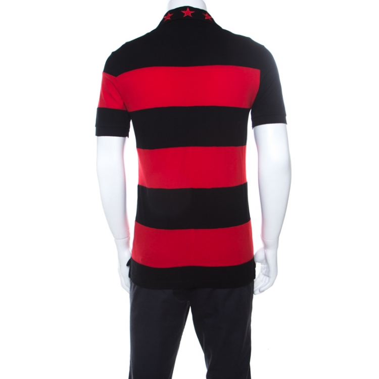 Pre Owned Givenchy Black and Red Striped Cotton Pique Star Appliqué Detail Polo T Shirt S