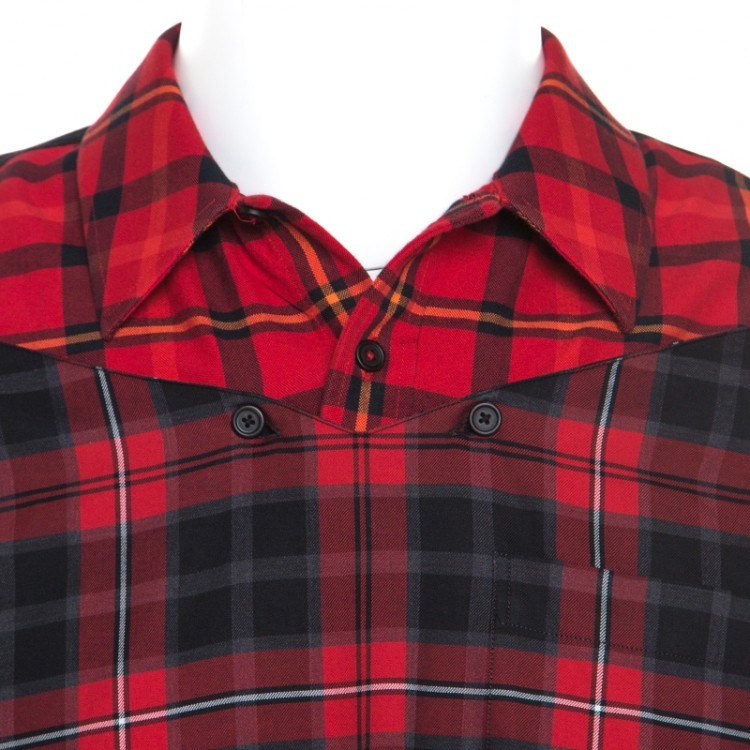 Pre Owned Givenchy Red Contrast Plaid Cotton Cross-Shoulder Buttoned Long Shirt M