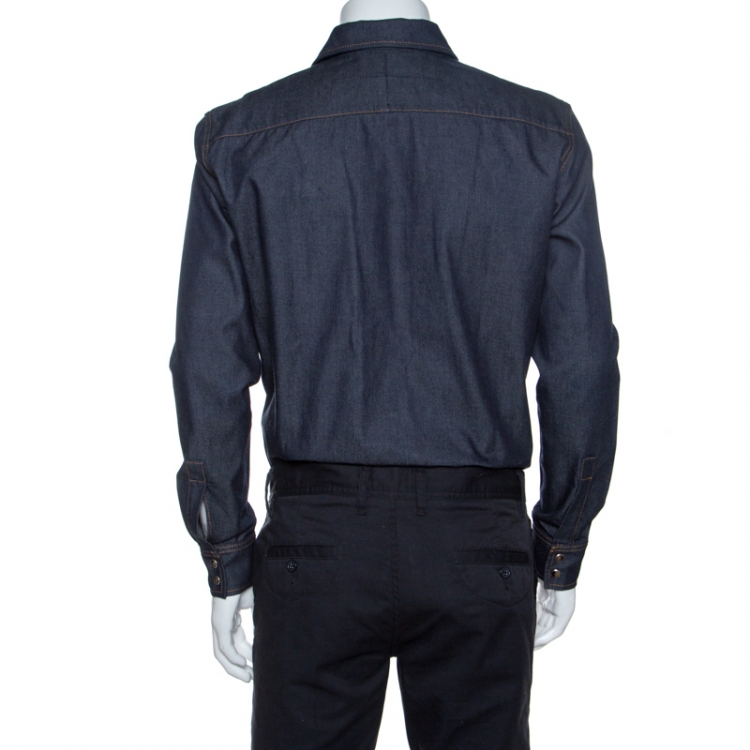 Pre Owned Givenchy Dark Blue Denim Leather Trim Button Front Shirt M