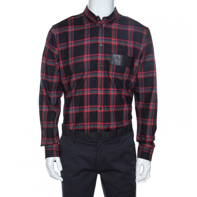Pre Owned Givenchy Multicolor Check Cotton Star Leather Trim Button Down Shirt XL