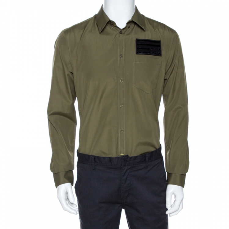 Pre Owned Givenchy Olive Green Cotton Applique Detail Slim Fit Shirt L 