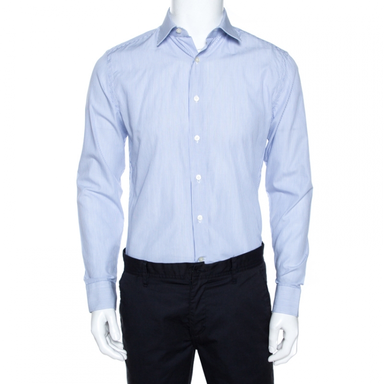 Pre Owned Givenchy White & Blue Striped Cotton Long Sleeve Shirt M