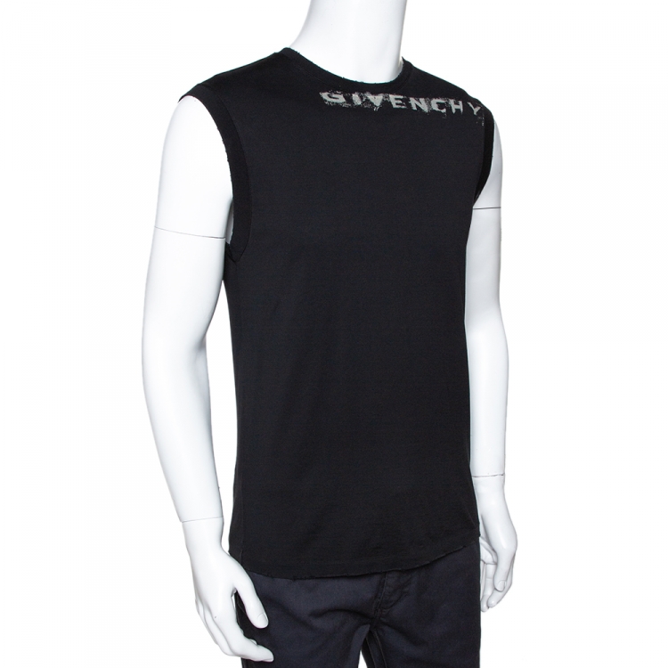 Pre Owned Givenchy Black Logo Print Cotton Distressed Detail Sleeveless T-Shirt L