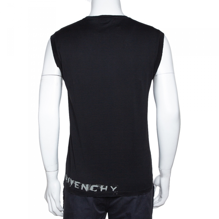 Pre Owned Givenchy Black Logo Print Cotton Distressed Detail Sleeveless T-Shirt L