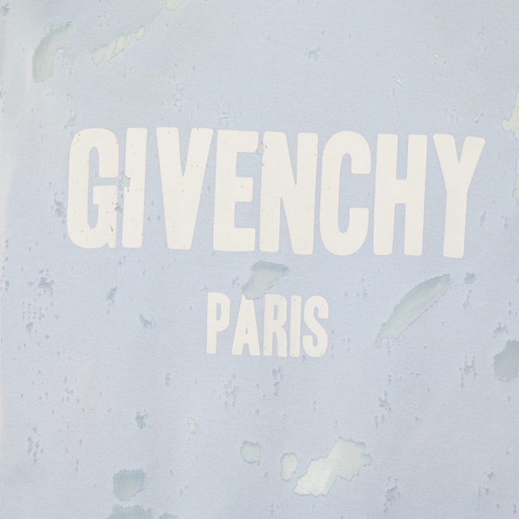 Pre Owned Givenchy Light Blue Logo Printed Cotton Distressed Crewneck T-Shirt L