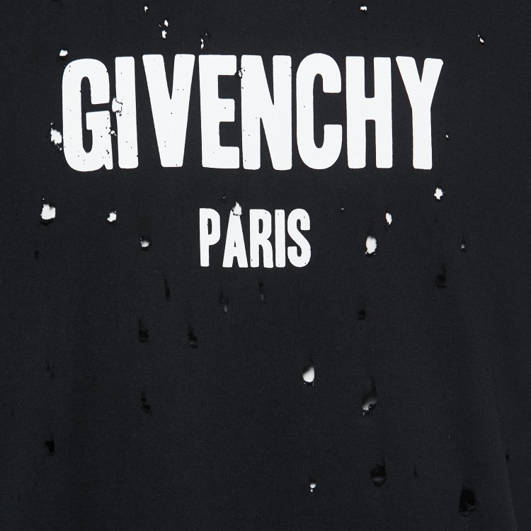 Pre Owned Givenchy Black Distressed Cotton Logo Print T-Shirt M